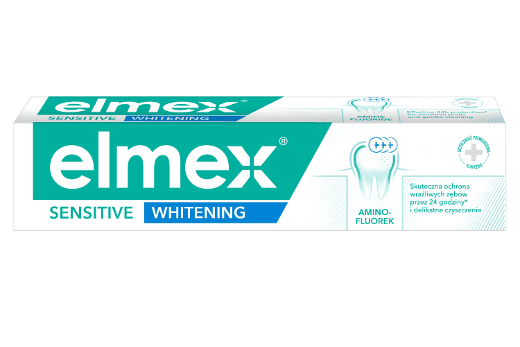 Pasta do zębów Elmex Sensitive Whitening przeznaczona dla wrażliwych zębów, oferująca delikatne czyszczenie i ochronę przez 24 godziny dzięki zawartości aminofluorku.