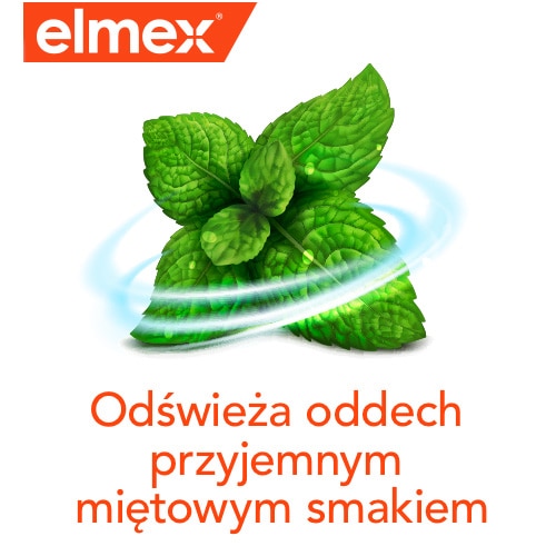 Listek mięty z hasłem "Odświeża oddech przyjemnym miętowym smakiem"