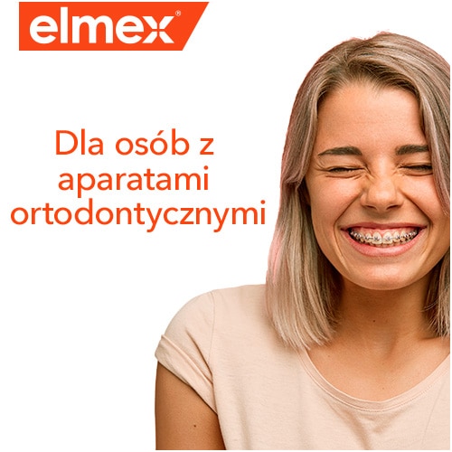 Uśmiechająca się kobieta z napisem "dla osób z aparatami ortodentycznymi"