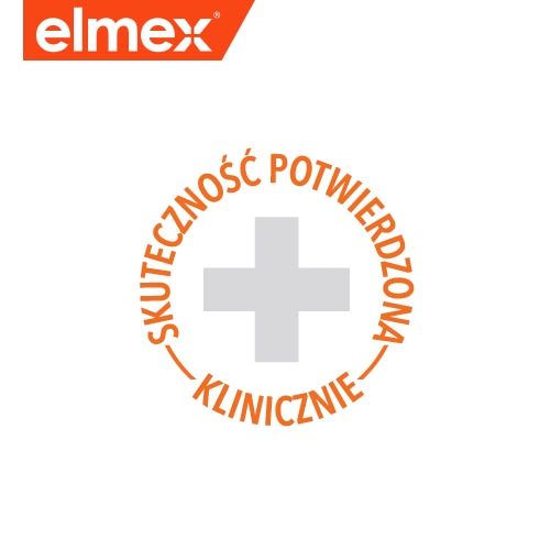 Logo elmex z napisem "Skuteczność potwierdzona klinicznie".