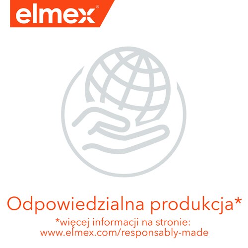 Logo firmy Elmex z symbolem globu umieszczonym na dłoni, symbolizujące odpowiedzialną produkcję.