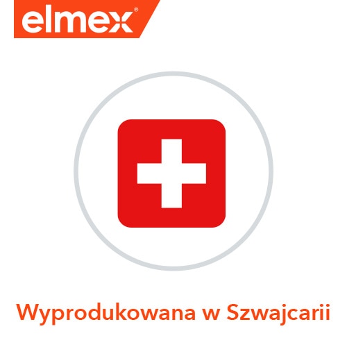 Logo marki Elmex z flagą Szwajcarii oraz napisem "Wyprodukowana w Szwajcarii".