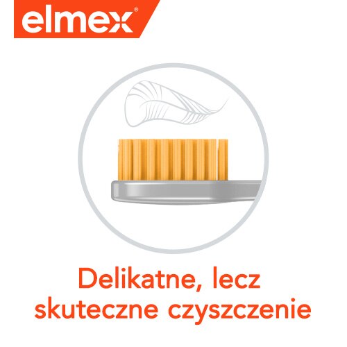 Szczoteczka do zębów Elmex z napisem „Delikatne, lecz skuteczne czyszczenie”.