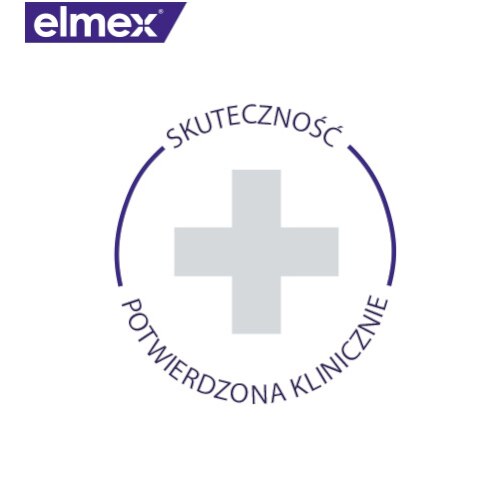 Logo marki elmex z informacją o skuteczności potwierdzonej klinicznie.