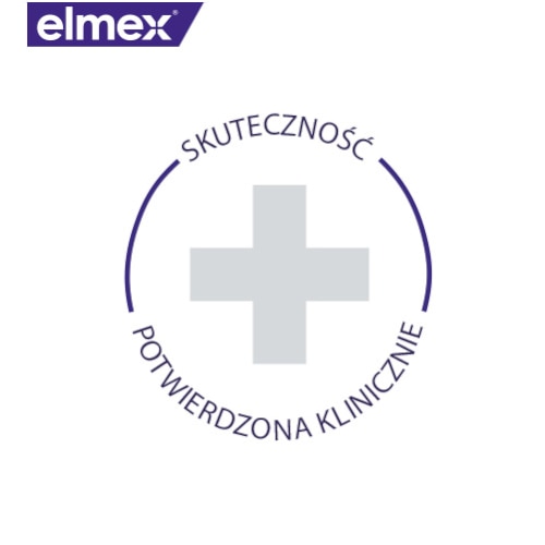 Logo marki elmex z informacją o skuteczności potwierdzonej klinicznie