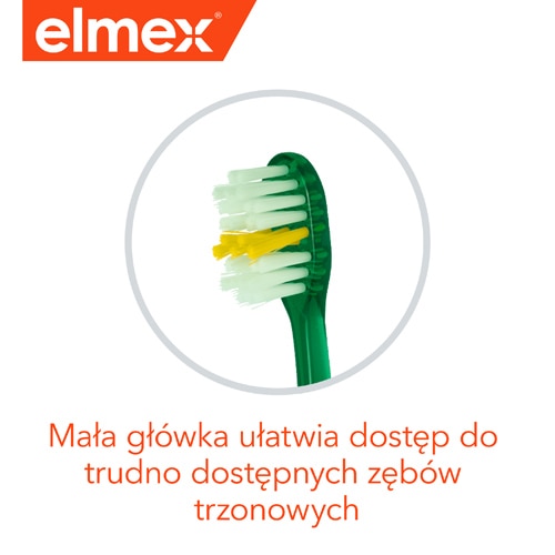 Szczoteczka do zębów Elmex z małą główką dla lepszego dostępu do trzonowców.