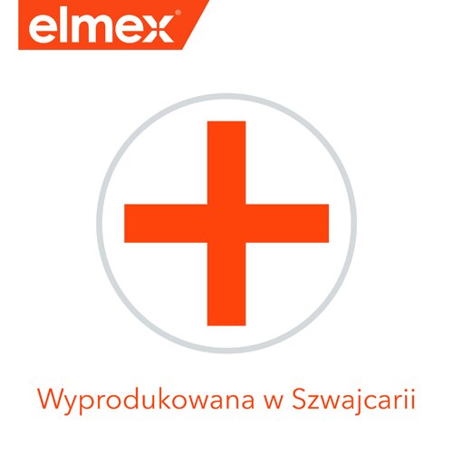 Logo marki Elmex z krzyżem szwajcarskim i napisem "Wyprodukowana w Szwajcarii".