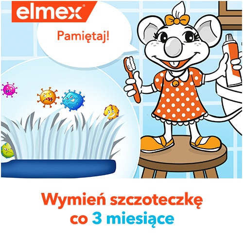 Animowana mysz z elektryczną szczoteczką do zębów promująca wymianę szczoteczki co 3 miesiące.
