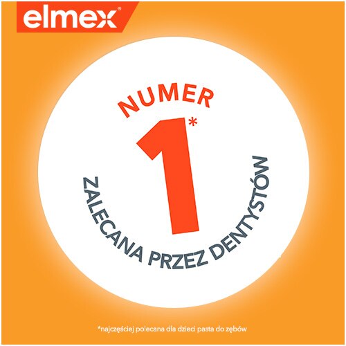 Logo Elmex z napisem "Numer 1 zalecana przez dentystów".