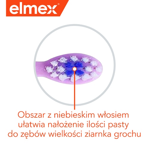 Szczoteczka do zębów z obszarem z niebieskim włosiem, który ułatwia nałożenie odpowiedniej ilości pasty