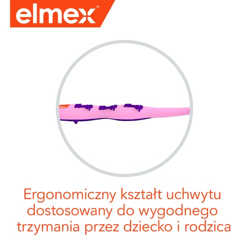 Różowa szczoteczka do zębów dla dzieci z ergonomicznym uchwytem.