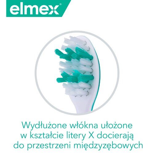 Główka szczoteczki do zębów Elmex z wydłużonymi włóknami w kształcie litery X, przeznaczonymi do czyszczenia przestrzeni międzyzębowych.