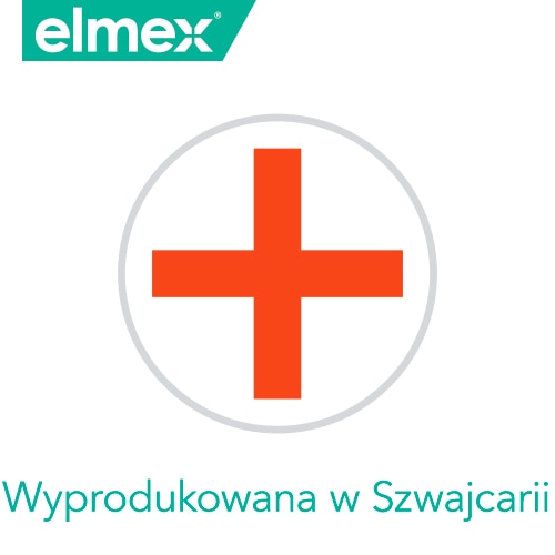Logo marki Elmex z czerwonym krzyżem na białym tle z napisem "Wyprodukowana w Szwajcarii".